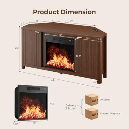 Corner Fireplace TV Stand for 55" TV, Fluted Entertainment Center, Walnut, view 3