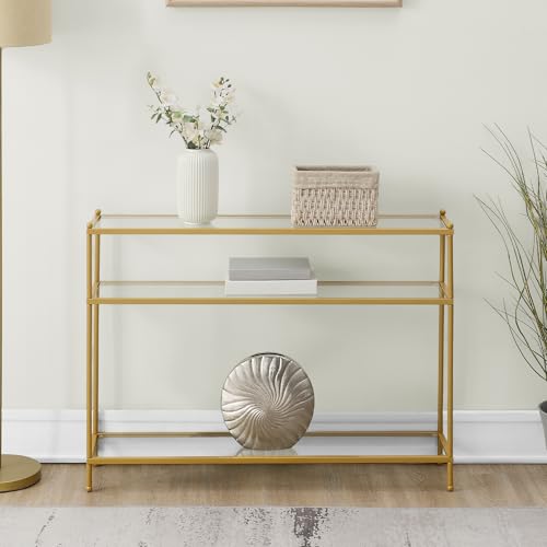 Royal Crest Glass Console Hall Table 42" - 3 Tier Modern, Contemporary Narrow Display Accent with Storage Shelves for Living Room, Entryway, Hallway, & Bedroom, Gold