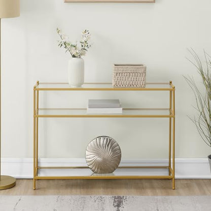 Royal Crest Glass Console Hall Table 42" - 3 Tier Modern, Contemporary Narrow Display Accent with Storage Shelves for Living Room, Entryway, Hallway, & Bedroom, Gold