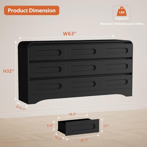 Dresser for Bedroom with 9 Drawers, 63" Large Modern Dressers, Black, view 3