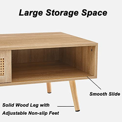 Mid Century Modern Coffee Table with Storage, 41.3 Inch Rectangle Wooden Accent Center Table with Sliding PE Rattan Woven Door Panel and Solid Wood Legs, Suitable for Living Room, Apartment