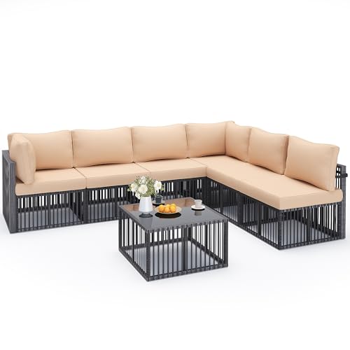 7-Piece Outdoor Sectional Set, Large Wicker Patio Furniture Set with Coffee Table and Washable Cushions Covers, All-Weather Patio Sofa Conversation Set for Backyard, Poolside, Garden