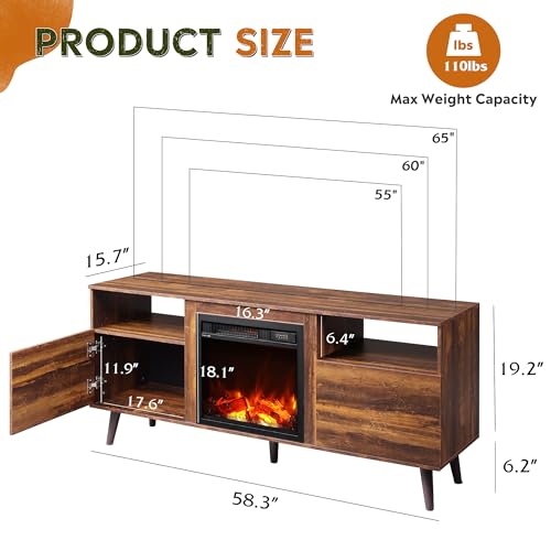 Fireplace TV Stand for 55/65 Inch TV, Storage Cabinets, Brown, view 4