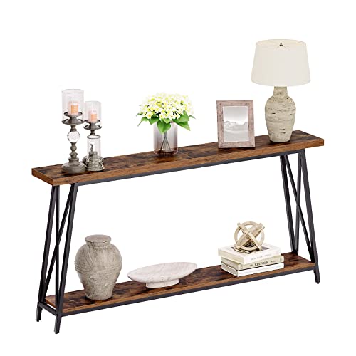 Console Table for Entryway, 63" Industrial Entryway Table, 2-Tier Extra Long Sofa Table Behind Couch, X-Shaped Support, for Entryway, Hallway, Living Room, Rustic Brown CTHR4801Z