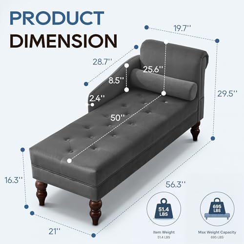 Chaise Lounge Chair Indoor with Right Armrest, Velvet, Grey, view 3