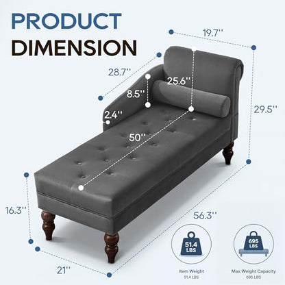 Chaise Lounge Chair Indoor with Right Armrest, Velvet, Grey, view 3