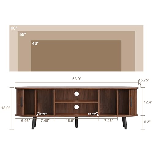 Mid Century Modern TV Stand for TVs up to 60 Inch, Entertainment Center with Fluted Sliding Doors and Hidden Storage, TV Console with Adjustable Shelf for Living Room, Bedroom, Walnut
