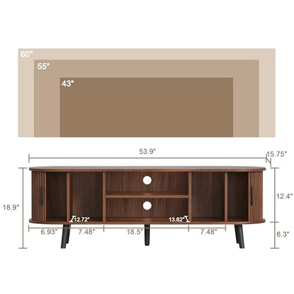 Mid Century Modern TV Stand for TVs up to 60 Inch, Entertainment Center with Fluted Sliding Doors and Hidden Storage, TV Console with Adjustable Shelf for Living Room, Bedroom, Walnut