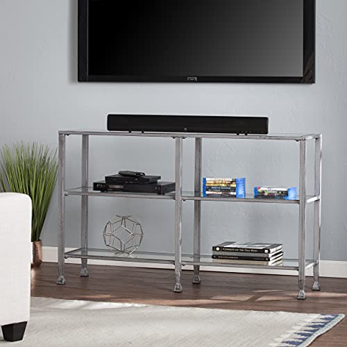 Jaymes 3 Tier Glass Console Media Table, Silver Frame Finish, distressed silver (AMZ1770MC)