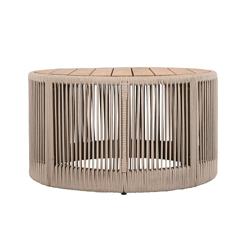 26" Outdoor Rustic Coffee Table,Rattan Rope & Acacia Wood Center Table with Round Top & Iron Frame, Easy Assembly, Versatile Weather-Resistant Patio Furniture for Garden, Yard, Balcony, Beige Teak