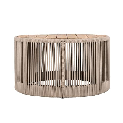 26" Outdoor Rustic Coffee Table,Rattan Rope & Acacia Wood Center Table with Round Top & Iron Frame, Easy Assembly, Versatile Weather-Resistant Patio Furniture for Garden, Yard, Balcony, Beige Teak