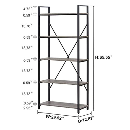 Industrial Bookshelf, Etagere Bookcases and Book Shelf 5 Tier Shelves, Grey Wood and Metal Shelving Unit (Dark Gray Oak)