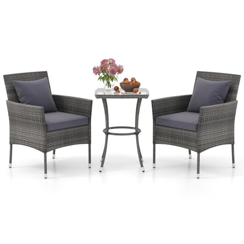 3-Piece Patio Furniture Set, PE Wicker Conversation Bistro Set w/A Tempered Glass Table & 2 Cushioned Chairs, Outdoor Table & Chairs Set for Patio Porch Yard Garden (Mix Gray+Grey)