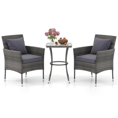 3-Piece Patio Furniture Set, PE Wicker Conversation Bistro Set w/A Tempered Glass Table & 2 Cushioned Chairs, Outdoor Table & Chairs Set for Patio Porch Yard Garden (Mix Gray+Grey)