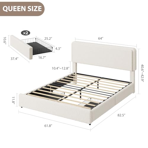Queen Size Bed Frame with 2 Storage Drawer, Cream Beige, view 3