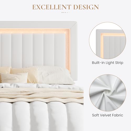 Full Size Velvet Bed Frame with LED Light, White, view 6