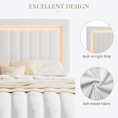 Full Size Velvet Bed Frame with LED Light, White, view 6