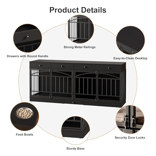 78.7" Dog Crate Furniture for 2 Dogs with 4 Drawers, Black, view 7