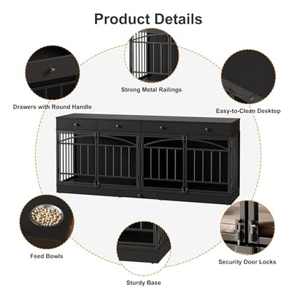 Black Dog Crate Furniture for 2 Dogs with Drawers and Feeding Bowls, view 7