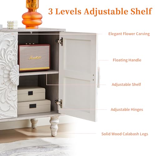White Distressed Carved Accent Cabinet,2 Door Vintage Storage Sideboard, view 7