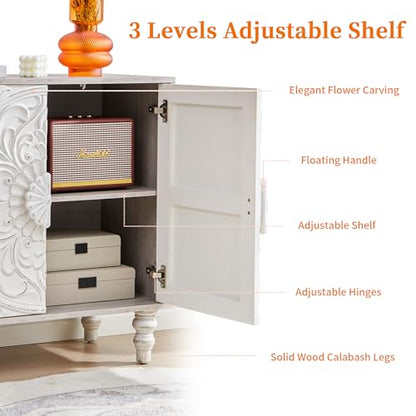 White Distressed Carved Accent Cabinet,2 Door Vintage Storage Sideboard, view 7