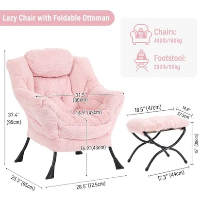 Lazy Chair with Ottoman, Modern Accent Chair with Armrests and a Side Pocket, Plush Pink Accent Chairs, Reading Chairs, Oversized Armchairs for Bedroom, Study, Living Room, Courtyard
