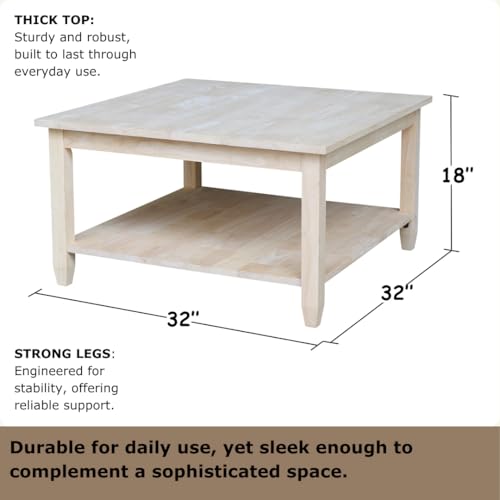 Solano Square Coffee Table, Solid Real Wood, Sturdy Parawood, Living Room/Family Room/Entryway, 32"W x 32"D x 18"H with Shelf, Paint/Stain Ready, Unfinished