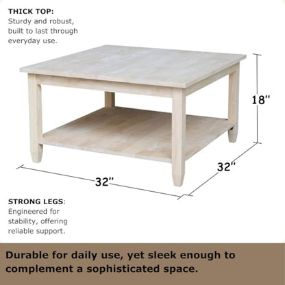 Solano Square Coffee Table, Solid Real Wood, Sturdy Parawood, Living Room/Family Room/Entryway, 32"W x 32"D x 18"H with Shelf, Paint/Stain Ready, Unfinished