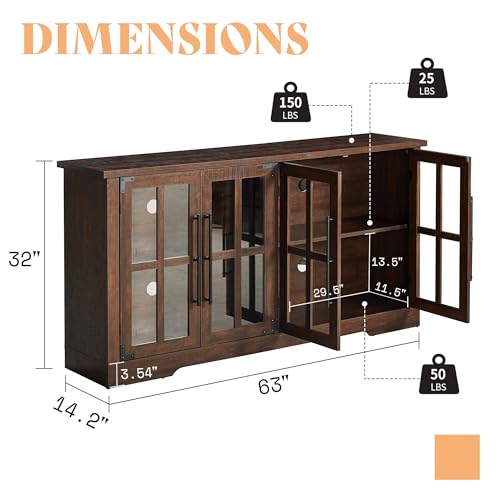 Farmhouse 63" Buffet Sideboard Cabinet with Glass Door, Brown, view 3