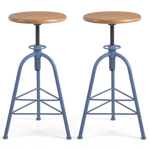 Bar Stools, Set of 2 Solid Wood Metal Breakfast Stools, 24"-28.35" Barstools for Dining Room Kitchen Home Counter Bar Height Adjustable Swivel Round Seat 3 Legs, Blue & Oak