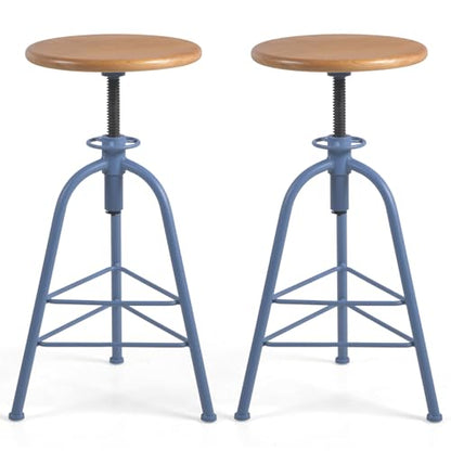 Bar Stools, Set of 2 Solid Wood Metal Breakfast Stools, 24"-28.35" Barstools for Dining Room Kitchen Home Counter Bar Height Adjustable Swivel Round Seat 3 Legs, Blue & Oak