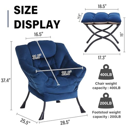 Lazy Chair with Ottoman, Modern Accent Chair Sofa Chair with Armrests, Reading Chair and Folding Footstool for Living Room, Bedroom, Office, Royal Blue
