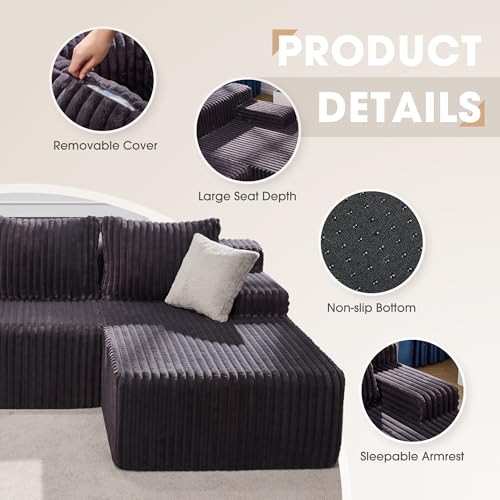 Boneless Couch L-Shape Cloud Couch Sofa for Living Room Furniture | 98" Right Facing Chaise Darkgrey,Memory Foam,Removable Cover,No Assemble,Chaise Lounge Indoor,Furniture for Apartment