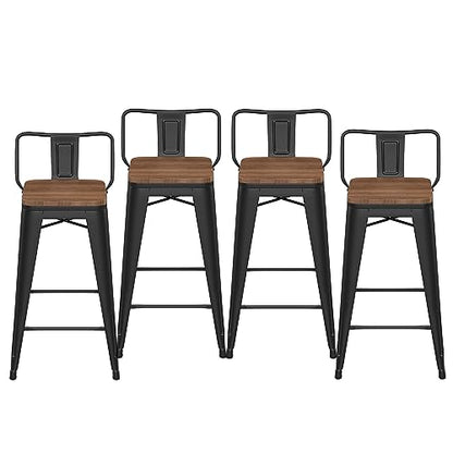 26" Low Back Metal Counter Stool Height Bar Stools with Wooden Seat [Set of 4] Barstools, Matte Black