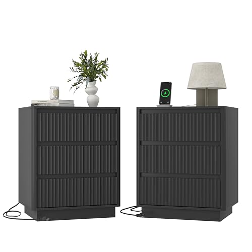 (Set of 2) End Table with Fast USB C Charging Station, Sofa Side Table with 3Drawers, Large Storage Modern Wood Storage Cabinet for Living Room,Bedroom,Office, Black