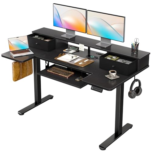 55 Inch U Shape Standing Desk with Keyboard Tray & Drawers, Black, view 2