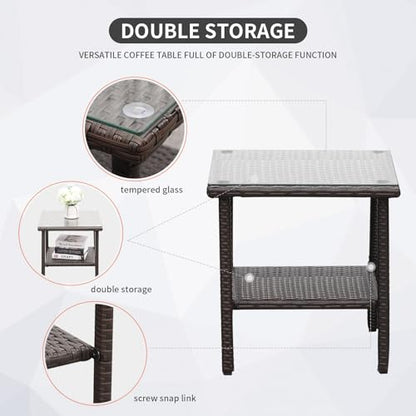 Outdoor HDPE Wicker Rocking Chair 3-Piece Patio Rattan Bistro Set 2 Rocker Armchair and Glass Coffee Side Table Furniture Washable Lacing Cushions, Khaki