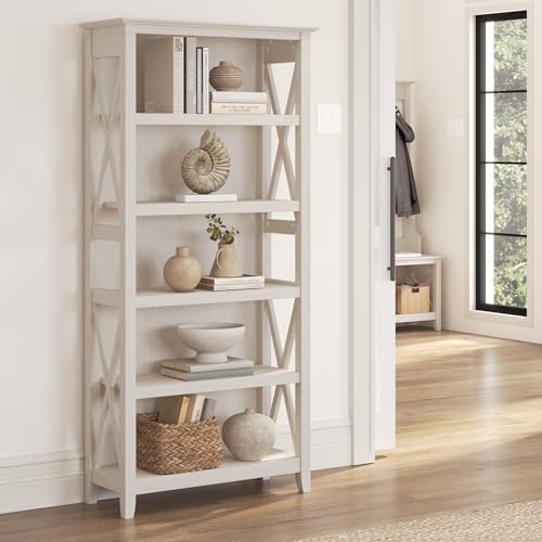 Tall 5 Shelf Bookcase for Living Room or Home Office, Large Bookshelf, Modern Farmhouse Style, Key West Collection, Linen White Oak