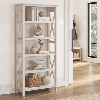 Tall 5 Shelf Bookcase for Living Room or Home Office, Large Bookshelf, Modern Farmhouse Style, Key West Collection, Linen White Oak