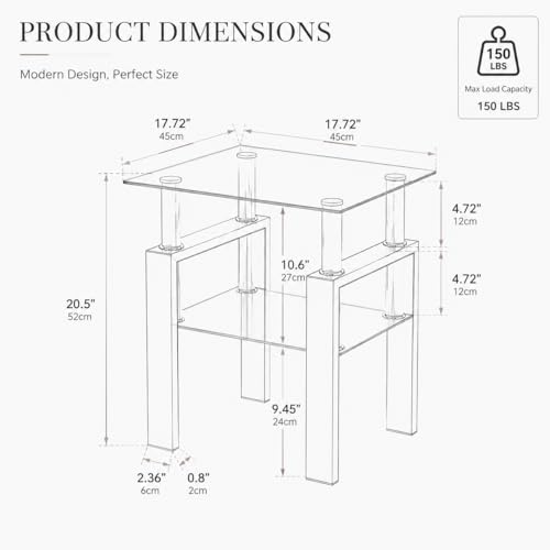Tempered Glass End Table, Black Modern Square Side Table with Metal Frame, 2-Tier Glass Sofa Table for Home, Bedroom, Apartment & Small Spaces