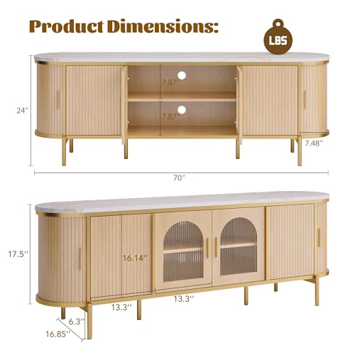 70" Fluted TV Stand for TVs up to 80", Mid Century Modern Entertainment Center with Sliding Doors & Glass Door, TV Console Table with Faux Marble Top for Living Room, Oak