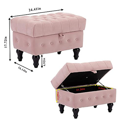 Storage Coffee Table Ottoman, Button Tufted Velvet Upholstery Footstool Bed Ottoman for Living Room, Home Office, Space-Saving Storage Toy Box Stool, Pink