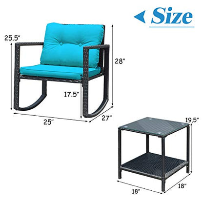 3 Pieces Patio Wicker Rocking Bistro Set, Outdoor Rocking Chair Furniture Set w/Cushioned Seat, Conversation Set w/Glass Coffee Table and Storage Shelf (Turquoise)