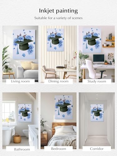 NuYeBiofx Graduation Cap Flowers Roses Canvas Wall Art Prints,40"x28" Framed Picture Artwork Blue Background Printed Canvas Oil Painting for Living Room Bedroom Office,Ready to Hang
