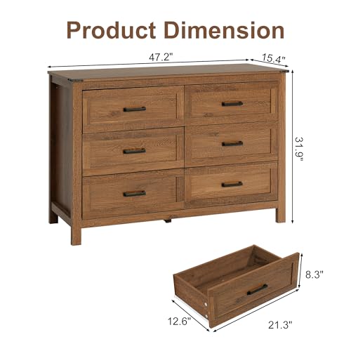 Farmhouse 6 Drawer Dresser for Bedroom, 47.2" Wide Wooden Chest, view 3
