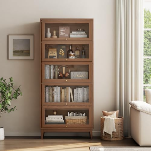 5-Tier Solid Wood Bookcase with Glass Doors, mid-Century Tall Bookshelf, view 2