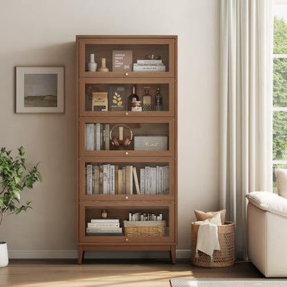 5-Tier Solid Wood Bookcase with Glass Doors, mid-Century Tall Bookshelf, view 2