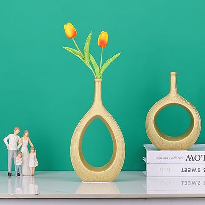 Matte Gold Ceramic Vase Set of 2 - Ribbed Hollow Aesthetic Decorative Vase, Modern Farmhouse Table Centerpiece, Boho Gold Vases for Flower Decor and Home Living