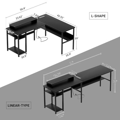 Reversible L Shaped Desk with Magic Power Outlets and Smart LED Light, Sturdy Corner Computer Desk with Monitor Stand & Storage Shelves, Gaming Table Home Office Desk, Easy Assembly, Black
