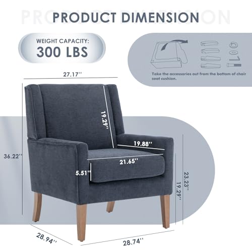 Modern Wingback Living Room Chair, Upholstered Fabric Accent Armchair, Single Sofa Chair with Lounge Seat and Wood Legs for Bedroom/Office/Reading Spaces, Blue